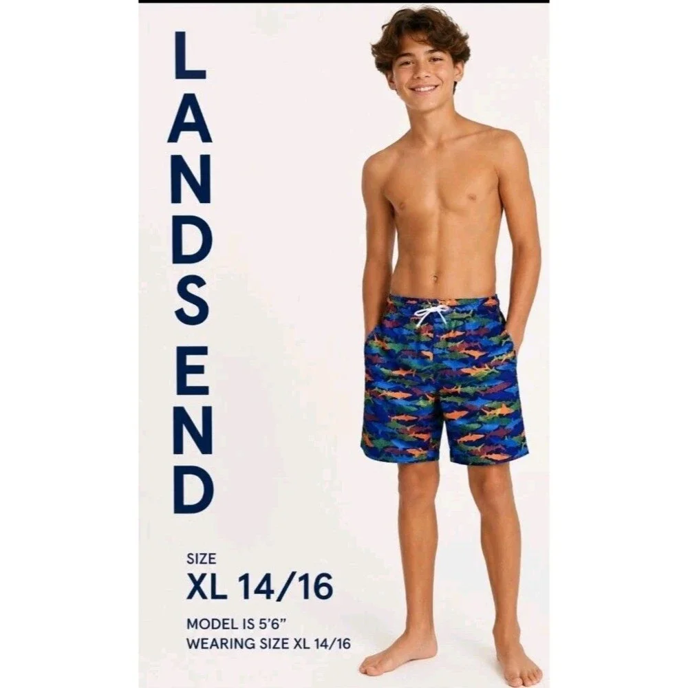 LANDS END Boys XL 14/16 Swim Trunks Mesh Lining Beach Colorful Shark Pattern